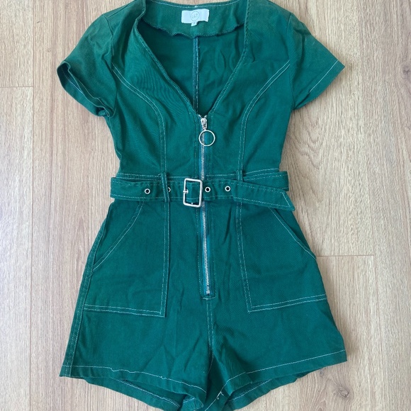 L + T Pants - Green metal zip play suit